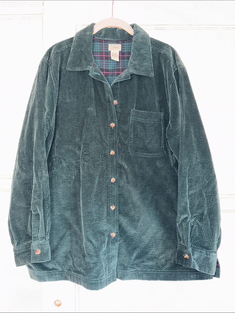 Vintage LL Bean Green Corduroy Flannel Button-Up Shirt Jacket Large